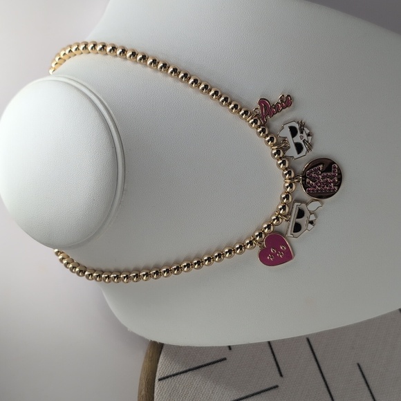 KARL LAGERFELD PARIS Pink/ Gold-Tone Charm Beaded Necklace Choupette Cat/Icon - Picture 6 of 6